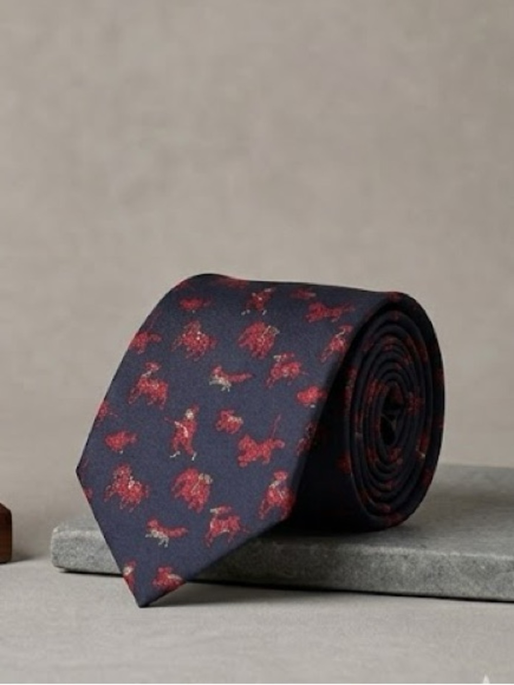 Hermes Chasse en Inde Navy Silk Tie with Red Equestrian Motifs